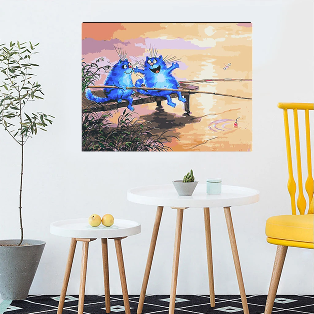 Šiuolaikinės abstrakcijos du mėlynos katės sėdi prie upės žvejybos, kūrybos dekoratyvinės tapybos ir kabo paveikslai