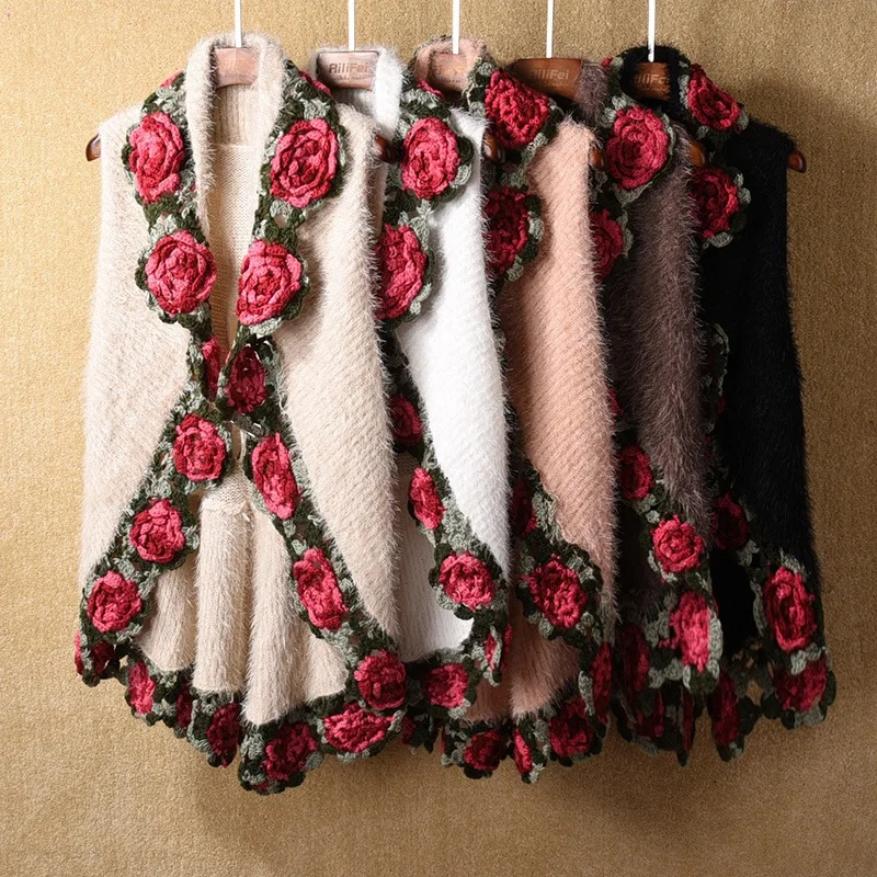 žiemos moteris moheros megzti apsiaustas cargidans lady rankovių siuvinėjimo rose megztiniai moterims, nėrimo gėlių sūpynės megztiniai