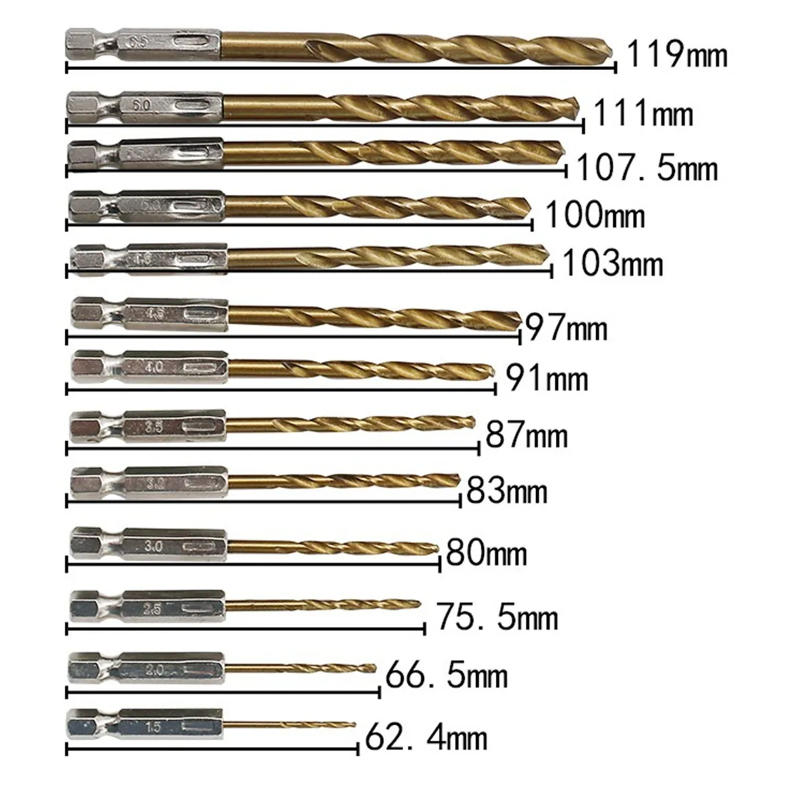 13pcs HSS Padengtas Titano Twist Drill Bit 1/4 Hex Karka 1.5-6.5 mm Medienos/Klijai/Aliuminio/Plonas Geležies
