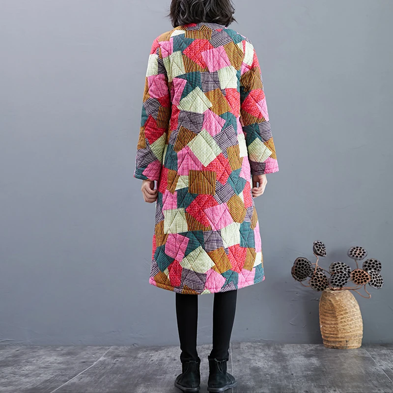 2020 M. Žiemos Medvilnės Skalbiniai Striukė Moterims Didelio Dydžio Retro Geometrinis Spausdinimo Storas Dygsniuotas Kailis Moterų Korėjos Elegantiškas Outwear Paltai