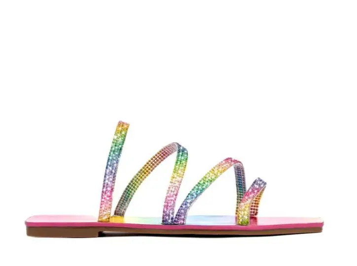 2020 Metų Vasaros Moterų Sandalai Deimantų Sandalai Rainbow Crystal Blizga Slip-On Iškirpti Ponios Butas Sandalai Lauko Atostogų Skaidrių
