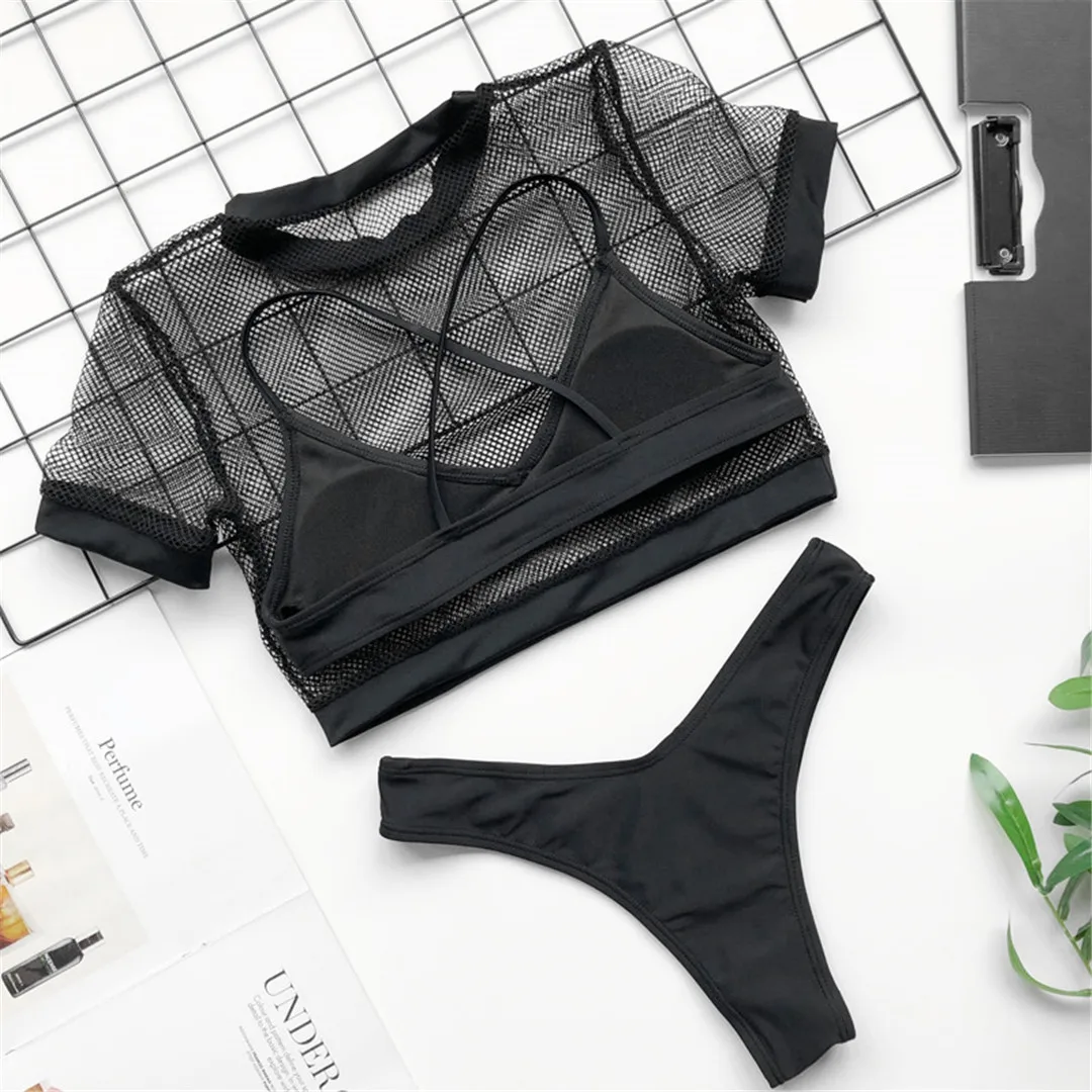 2020 Naujas Sexy žvejybos tinklas Mesh Black Bikini Moterims maudymosi Kostiumėliai, Moterų maudymosi kostiumėlį Tris gabalus Bikini komplektas Bather Maudymosi Kostiumą Plaukti