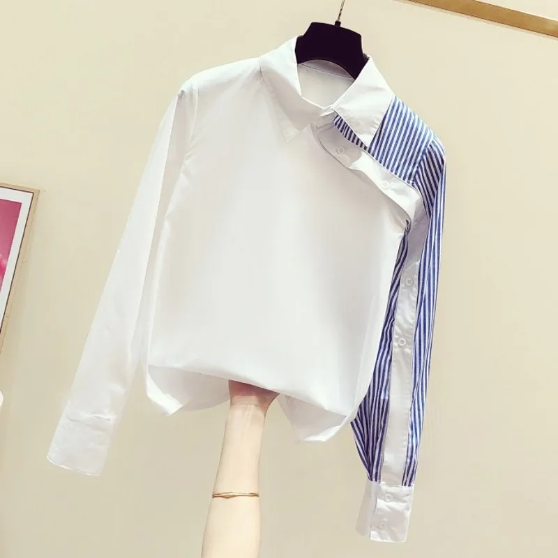 2020 m. Pavasarį Naujas korėjos Stiliaus Nereguliarus Dryžuotas Skydelis Pritvirtinti ilgomis Rankovėmis Marškinėliai moteriški Laisvalaikio Balta Palaidinė Mėlynos Juostelės Marškinėliai