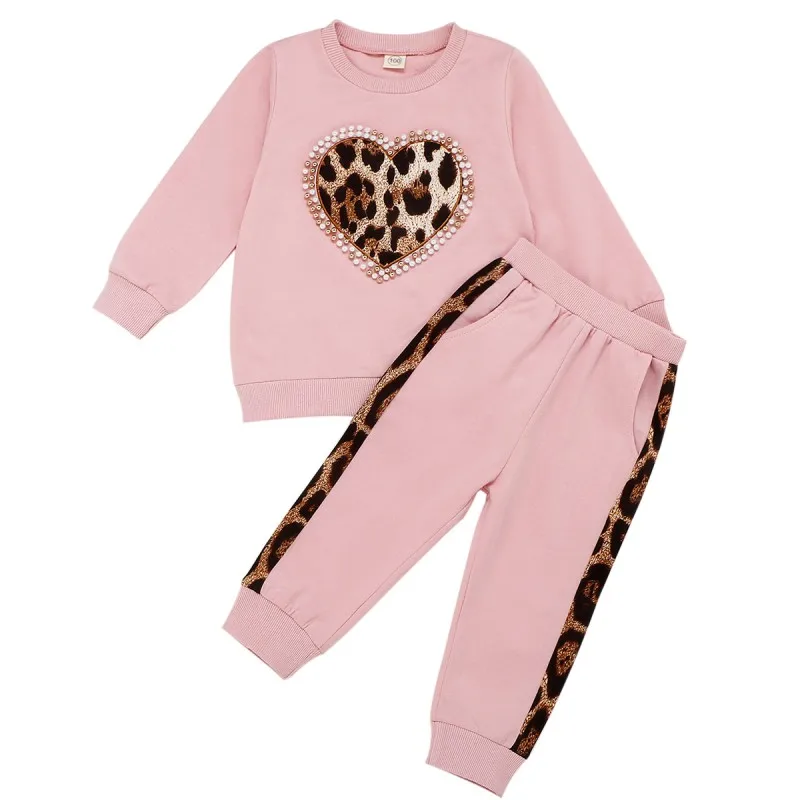 2020 m. Vaikų Nustatytas Medvilnės Ilgas Rankovėmis Marškinėliai Kelnės Mergaitėms Mados Leopard Meilės Marškinėliai, Kelnės Pavasarį Ir Rudenį