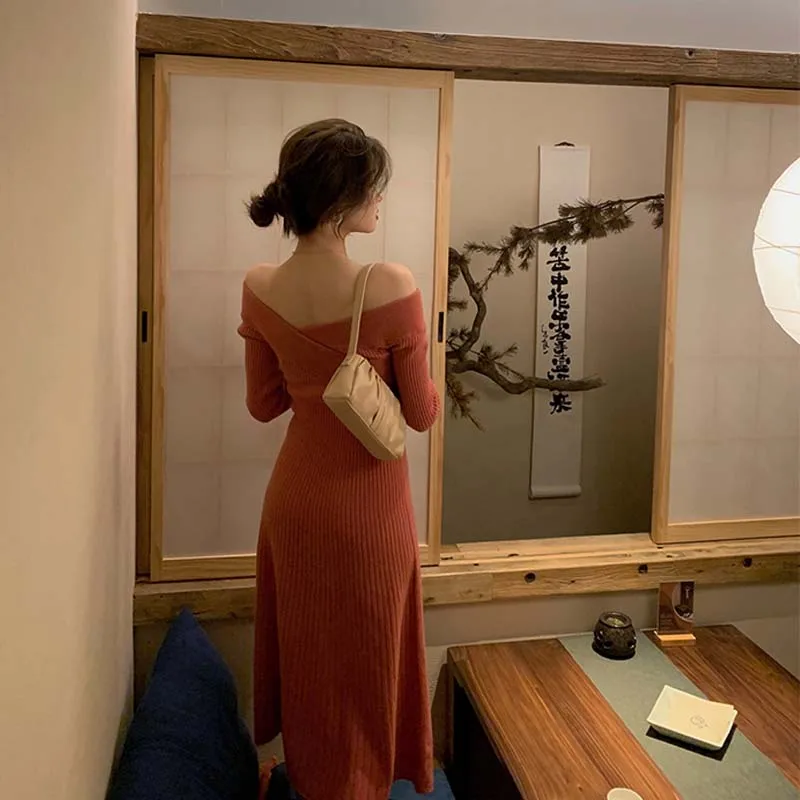 2020 m. Vienas Gabalas Moterų V-Kaklo, Megzti Suknelę korėjos Elegantiškas ilgomis Rankovėmis Rudens Žiemos dress Moteris Linija, Mezgimo Megztinis Suknelė Ponios