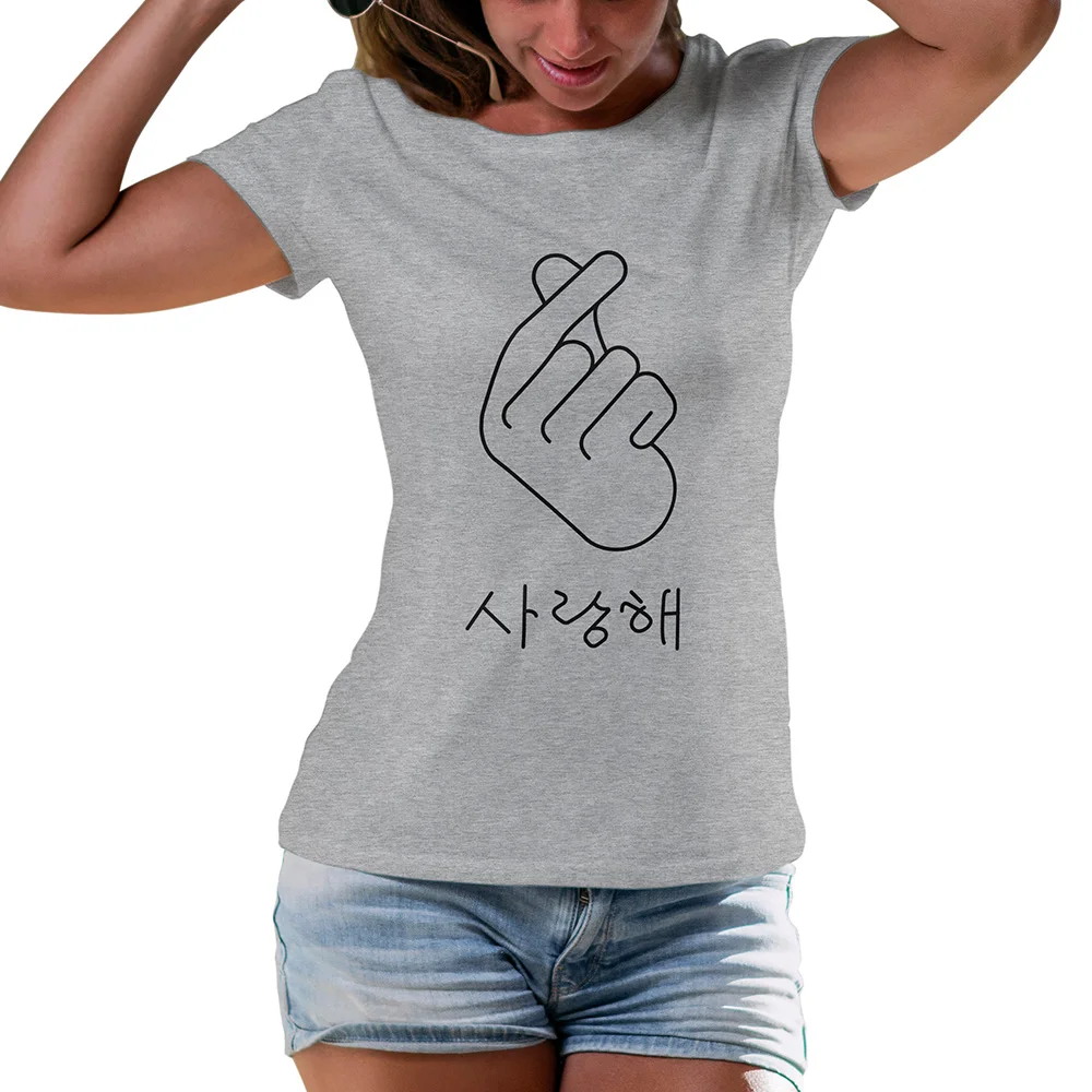 2020Finger Širdį, aš Myliu Tave korėjos Hangul Marškinėliai Hipster Moterų Spausdinti trumpomis Rankovėmis t-shirt Vasaros Moterims Topai marškinėliai, femme
