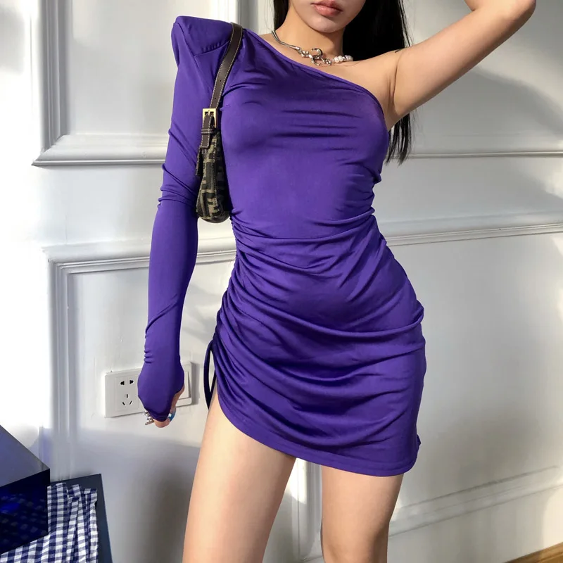 2021Dress moterų mados violetinė Bodycon Suknelė Moterims Seksualus Klubo Šalis Suknelė Vieną petį Ponios Kietas Liesas Elegantiška Suknelė