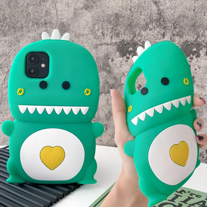 3D Mielas Animacinių filmų Širdies Dinozaurų Telefono dėklas skirtas iPhone 12 Mini Pro 11 Max XR X XS Max 7 8 Kawaii Minkšto Silikono atsparus smūgiams Dangtis