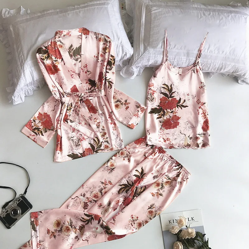 3Pcs/set Pavasarį, Rudenį Moterys Šilko Pižama Nustato Jokių Pagalvėlės Gėlių Spausdinti Pajama Sleepwear Spageti Diržas Satino Pižamos 2020 m.
