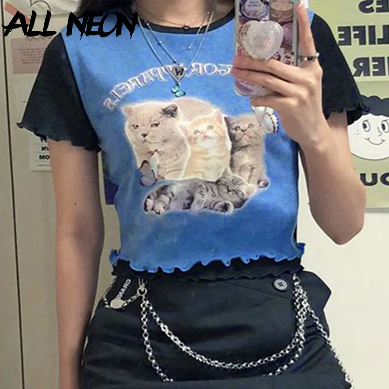 ALLNeon Y2K Vasaros Cute Kačių Grafinis Spausdinti Pynimas Hem T-marškinėliai Moterims E-girl Kawaii O-kaklo trumpomis Rankovėmis Kratinys Apkarpyti Viršūnes
