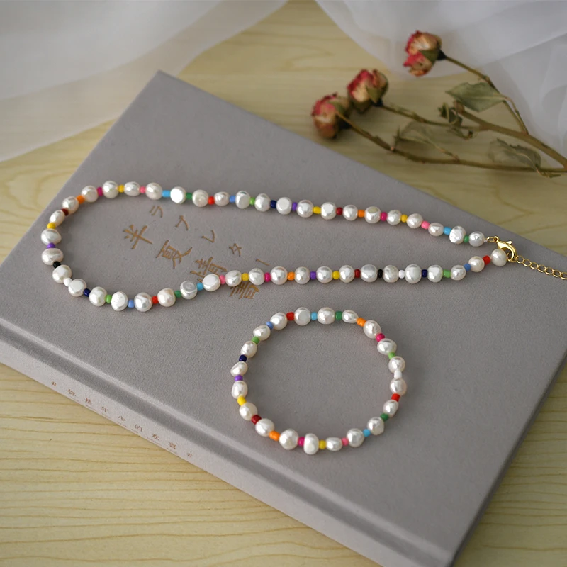 ASHIQI Gamtos Baroko perlų Papuošalų Rinkiniai 7-8mm Nekilnojamojo Gėlavandenių perlų Karoliai, Apyrankės moterims, Spalvingų karoliukų Naują Atvykimo