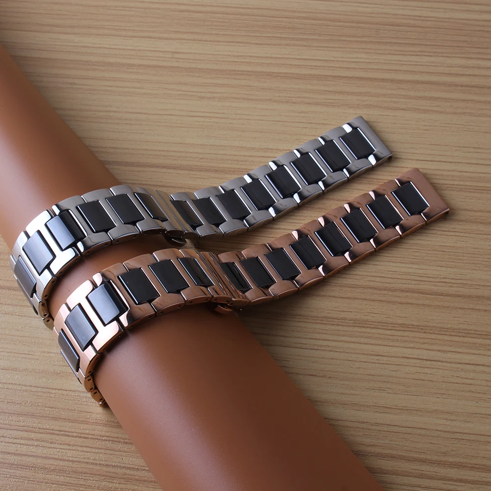 AUKŠTOS Kokybės Keraminis + Nerūdijantis Plienas Watchband Laikrodžių dirželiai Drugelis Sagtis Apyrankę kaip 14mm 16mm 18mm 20mm 22mm rosegold metalai