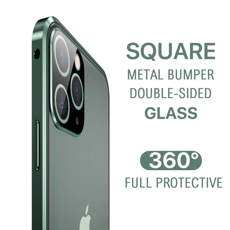 Aikštės Krašto Metalo Bamperis Dvipusis Stiklo Atveju iPhone, 12 mini Pro Max X Xr Xs Max Prabanga Magnetinio Pilną Apsauginį Dangtelį