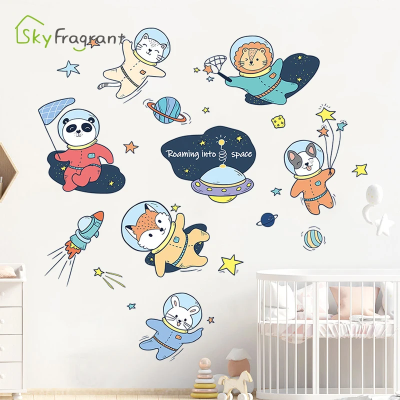 Animacinių filmų kosmosą astronautas lipdukai, lipnios sienų lipduko vaikų kambario dekoracija miegamojo sienų dekoras mielas gyvūnų, namų dekoro