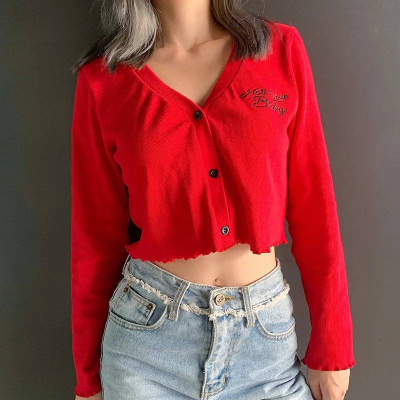 ArtSu Laišką Siuvinėjimo V neck T marškinėliai Moterims Raudona ilgomis Rankovėmis Pasėlių Viršų Seksualus Atsitiktinis Mielas Viršūnes Kalėdų Streetwear ASTS21282