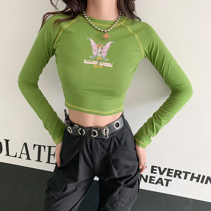 Atsitiktinis Basic Green Angel Spausdinti Pasėlių Top Marškinėliai Femme Apvalios Kaklo Long Sleeve T-shirt Moterims, Pavasarį, Rudenį Camisas De Mujer