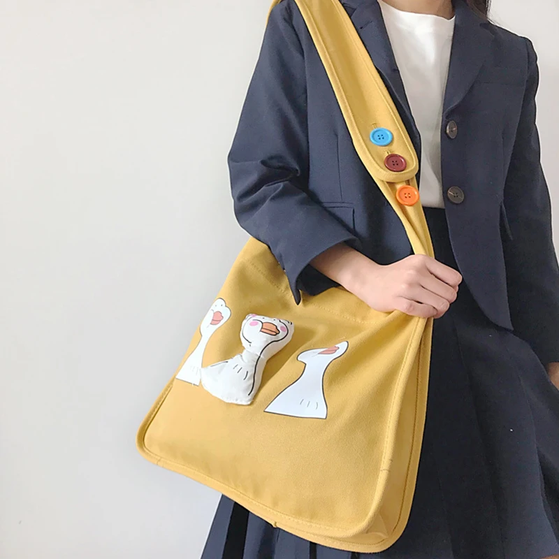 Atsitiktinis Drobės Krepšys Moterims Medžiaga Japonų Stiliaus Mielas Rankinukas Paauglys Kawaii Daugkartinio Naudojimo Stilingas Kasdien Geltona Pečių Maišą