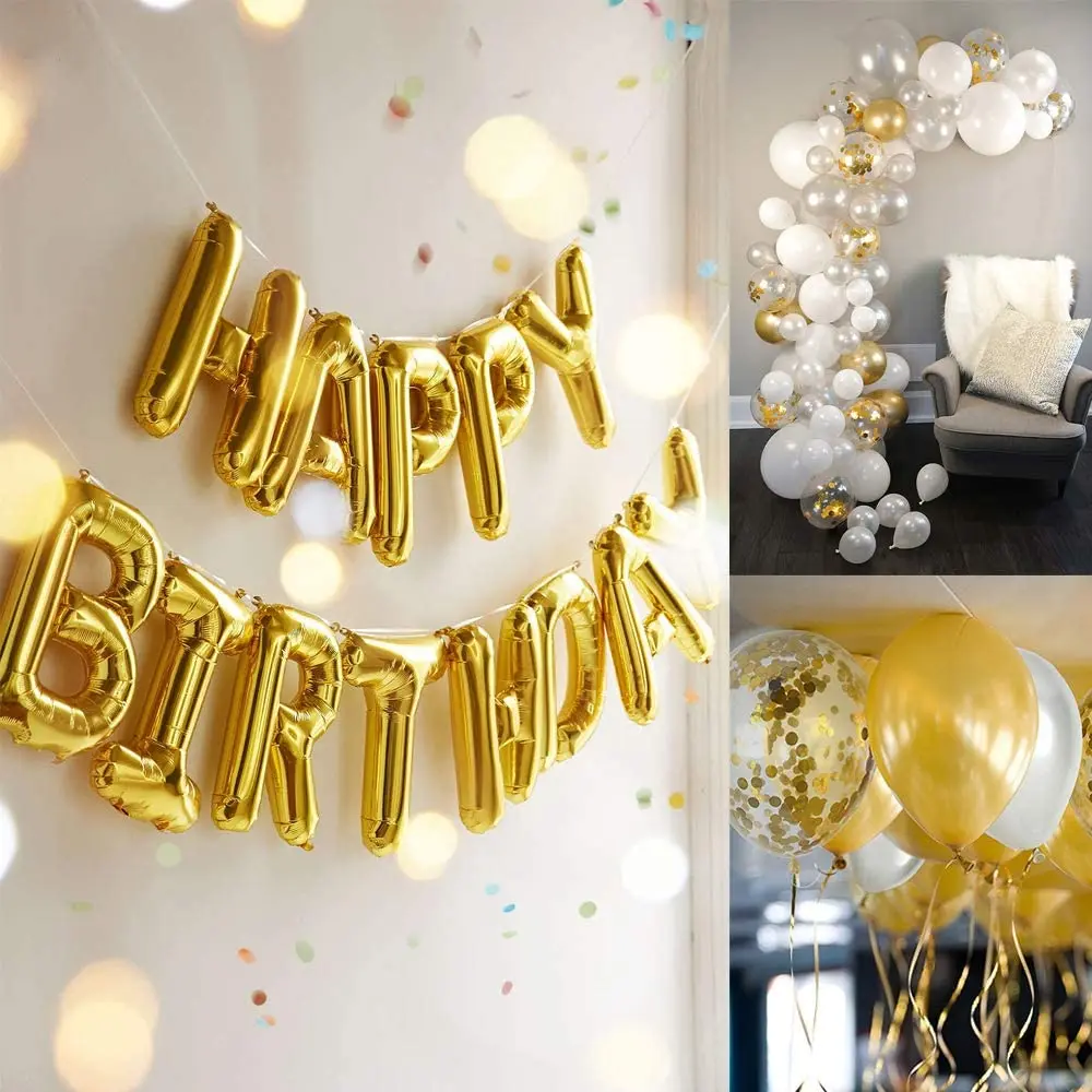 Aukso gimtadienio dekoracija su gimtadieniu reklama balionas aukso trikampis logotipas starta širdies žvaigždučių konfeti balionas torto viršų skrybėlę