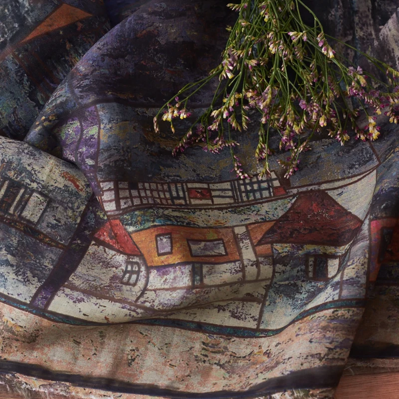 Aukštos kokybės grynos ramės (kiniškosios dilgėlės medžiagos Miestelio Spausdinimas su Retro Aliejaus Tapybos Stilius, tissu Rankų darbo suknelės audinys