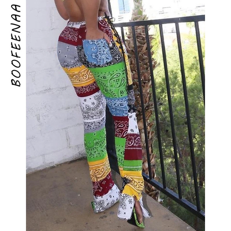 BOOFEENAA Bandana Spalvos Bloką Išspausdinti Kelnės Moterims Aukšto Juosmens Pusėje Nėrinių Padalinta Flare Kelnės Sexy Y2k Kelnės Streetwear C15CZ26
