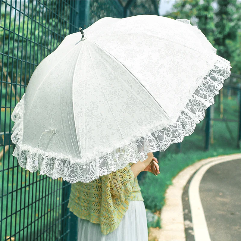Baltos spalvos Nėrinių Skėtis Moterims Gėlių Ilga Rankena Skėtis Vestuvių Retro skėtį nuo saulės Merginos Skėčiai Apdailos Guarda Chuva Dovana SY329