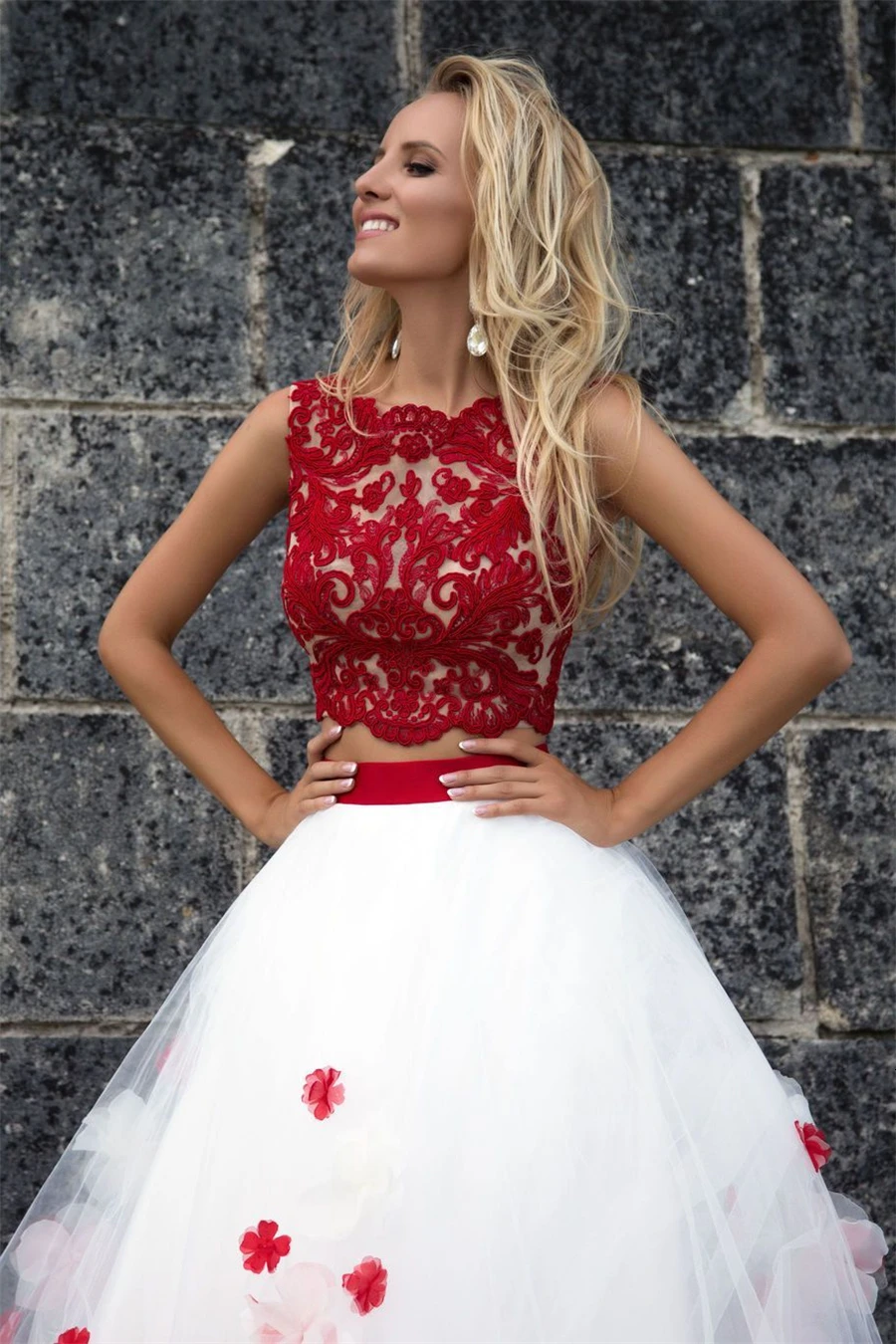 Bohemijos Gėlės Baltos Raudonos Nėrinių Bakas Vestuvių Suknelės Dviejų Dalių Paplūdimio Vestuvių Suknelės, Vestuvių Suknelė Romantiška Mygtuką