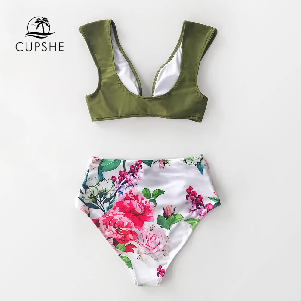CUPSHE Žalios ir Baltos spalvos Gėlių paaukštintu liemeniu Bikini Rinkiniai, Seksualus Lankas-mazgas maudymosi kostiumėlį Dviejų dalių maudymosi Kostiumėliai Moterims, 2021 Paplūdimio Maudymosi Kostiumas