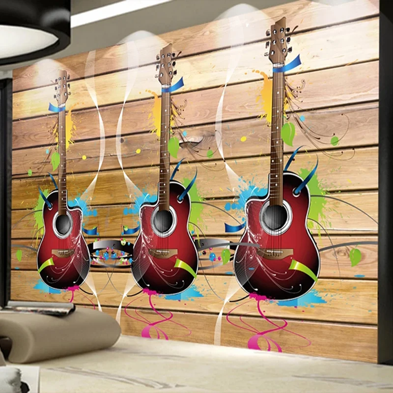 Custom 3D Tapetai Retro Medžio Lenta Gitaros Muzikos Freskomis Restoranas KTV Baras Fone Sienų Dekoras Kūrybos 3D Derliaus Sienos Popieriaus