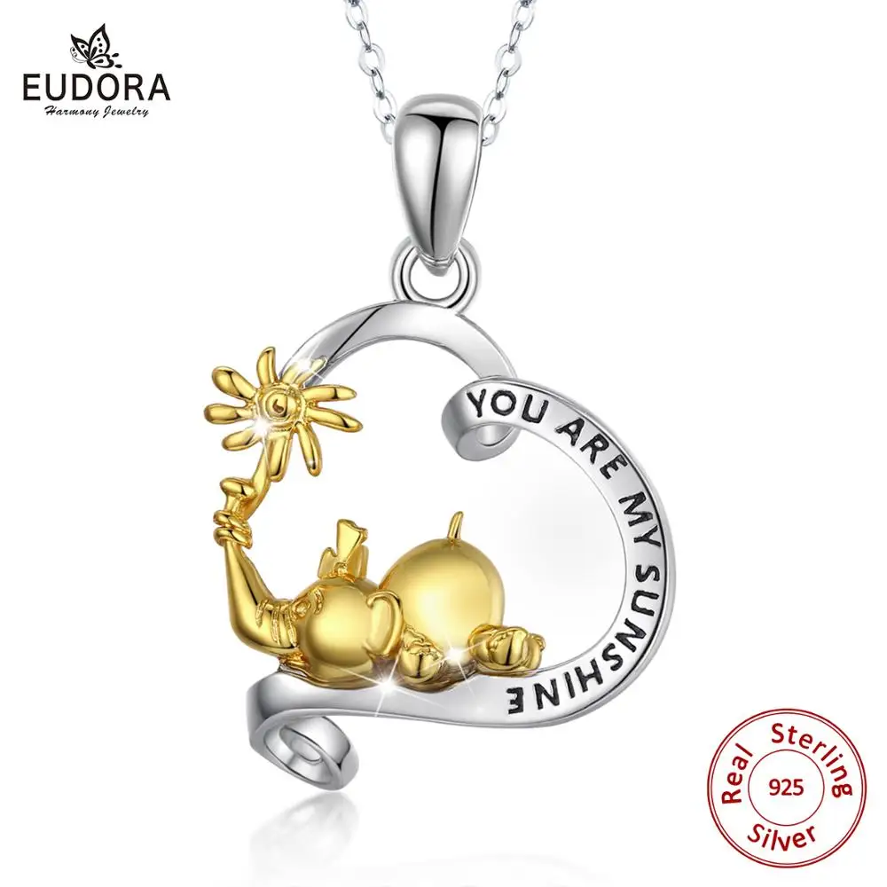 EUDORA nauja 925 Sterlingas Sidabro, Dramblio ir Gėlių Pakabukas Saulės Karoliai moterų mergina paauglių Gimtadienio dovana Fine Jewelry D574