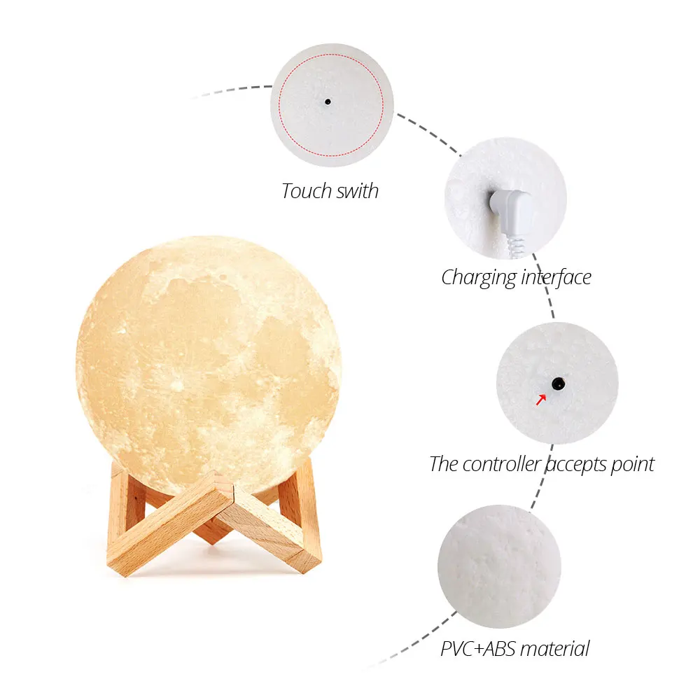 Foxanon Palieskite Jutiklį, Šviesos, Naktiniai staleliai, Lempa USB 3D Spausdinimo Mėnulio Lempos Šviesos Miegamojo Romantiškas Stalo Lempos 2/16 Spalvų Kaita, Namų Dekoro