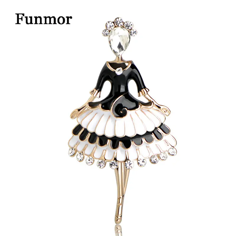 Funmor Juodo Emalio Princesė Pasakų Formos Sagė Aukso Spalvos Kristalų Baleto Mergina Pokylių Suknelė Aksesuarai Moterims Mergina Sagės Pin