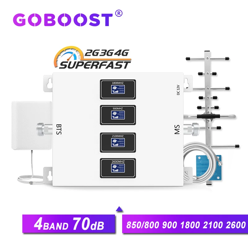 GOBOOST 70dB 4-band signalo stiprintuvas gsm 2g 3g 4g stiprintuvo 3g 850 LTE 800 900 1800 2100 2600 kartotuvas mobiliojo telefono signalo antena