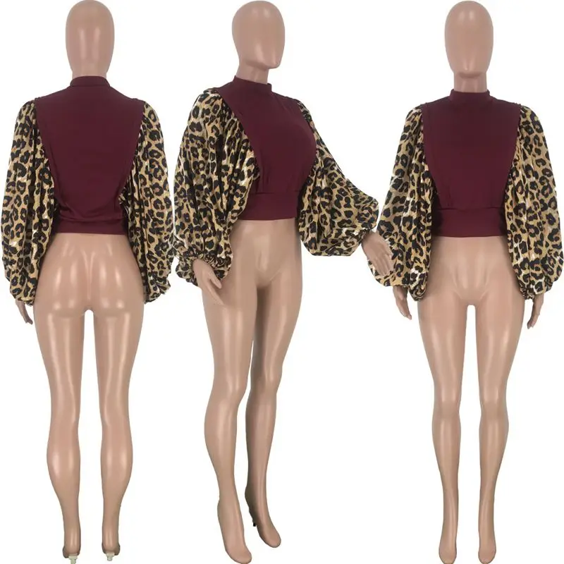 HAOYUAN Seksualus Leopard Ilgai Žibintų Rankovėmis Marškinėliai Moterims Cute Mados Negabaritinių Pasėlių Viršuje Festivalis Drabužių Vintage Marškinėliai, Femme