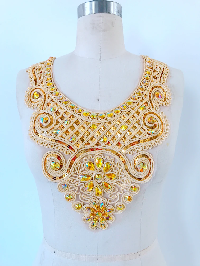Handsewing kristalų pleistrai aukso siūti Blizgančiais Cirkonio nėrinių aplikacijos 36*30cm viršuje suknelė sijonas