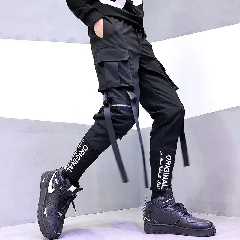 Hip-Hop Vyrų Juostelės Krovinių Kelnės Mados Harajuku 2021 Naujas Elastinga Juosmens Atsitiktinis Streetwear Mens Poilsiu Kelnės Juoda