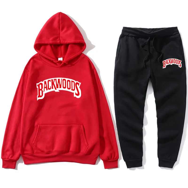 Hoodie nustatyti dviejų dalių sportinę vyrų hoodie palaidinukė ir sweatpants Backwoods rudenį ir žiemą, hip-hop hoodie palaidinukė rinkinys