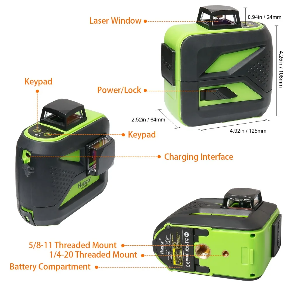 Huepar 8 Eilučių Žalios Šviesos 3D Kryžminių linijų Lazeris Lygio Savaime išsilyginantis 360 Vertikaliai Horizontaliai USB Charge Naudoti Dry & Li-ion Baterija