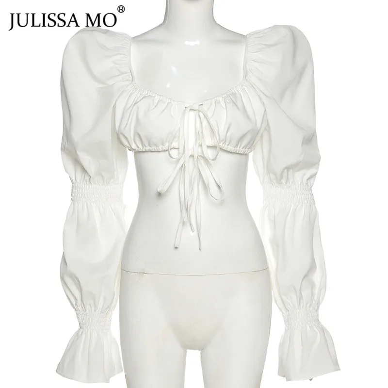 JULISSA MO Elegantiška Balta Sluoksniuotos Rankovėmis Palaidinė Moterims Marškinėliai Backless Nėrinių Slim Cisternų Viršūnių 2020 M. Rudenį Moterų Jungiamąją Blusas Tee