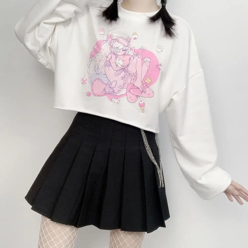 Japonijos Trumpas Megztinis Moterims, Pavasarį, Rudenį Saldus Anime Merginos Modelio Spausdinimo O-Kaklo, ilgomis Rankovėmis Midriff-baring Hoodies Mergina Viršūnės