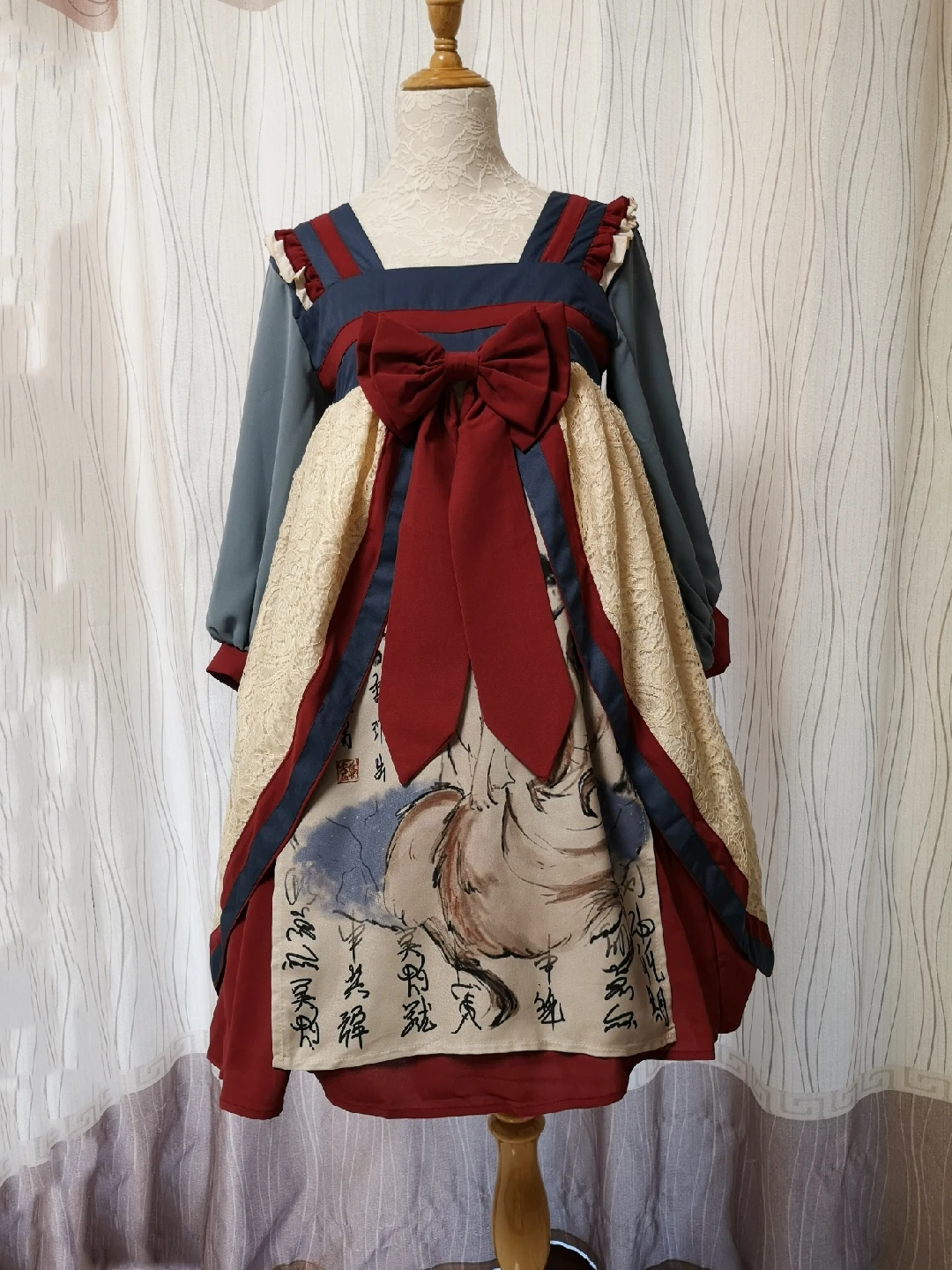 Kinų Stiliaus Saldus Lolita Dress Senovinių Nėrinių Bowknot Mielas Spausdinimo Suknelė Kawaii Girl Lolita Op Loli Cosplay Šifono Loli Suknelė