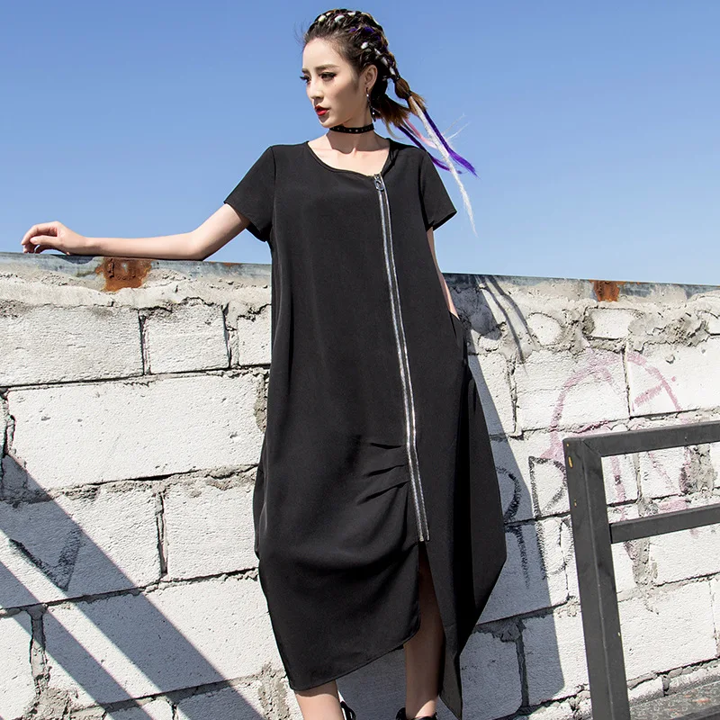 Korėjos 2020 Naują Pavasario vientisos Spalvos O-kaklo trumpomis Rankovėmis su Užtrauktuku Vidutinio ilgio Suknelė Vintage Prarasti Atsitiktinis Vidutinio ilgio Suknelė Banga Y108