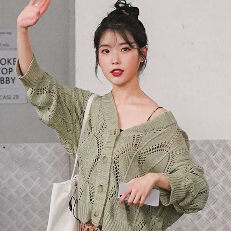 Kpop IU Lee Ji Eun pačios saldus žalios tuščiaviduriai cardigan megztiniai megztiniai kailis + temperamentas camisole mini suknelė moterų nauja dviejų dalių komplektas