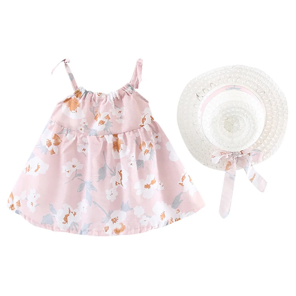 Kūdikių Mergaičių Rankovių Gėlių Gėlių Spausdinti Princesė Dress+hat Bžūp Komplektus Vasaros Mados Vaikų Suknelė