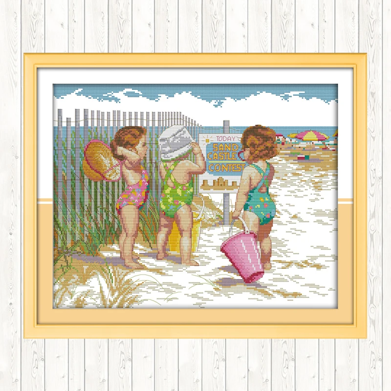 Kūdikių Žaisti Paplūdimio PASIDARYK pats Rankdarbiams Amatų 14CT 11CT Skaičiuojami ir Antspaudu Kryželiu Rinkiniai DMC Medvilniniai Siūlai Atspausdinta Drobė