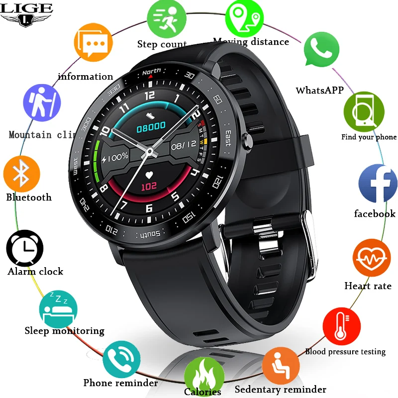 LIGE Visiškai Jutiklinis Ekranas Vyrų Smart Watch Širdies ritmo Monitoringo SmartWatch IP67 atsparus Vandeniui Sporto Smart Apyrankės, skirta 