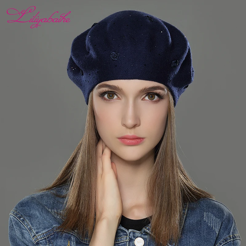 LILIYABAIHE naujas styleWomen Žiemos Skrybėlę angoros vilnos Megztos Beretės Bžūp vientisų spalvų mados populiariausių apdailos Rožės kepurės
