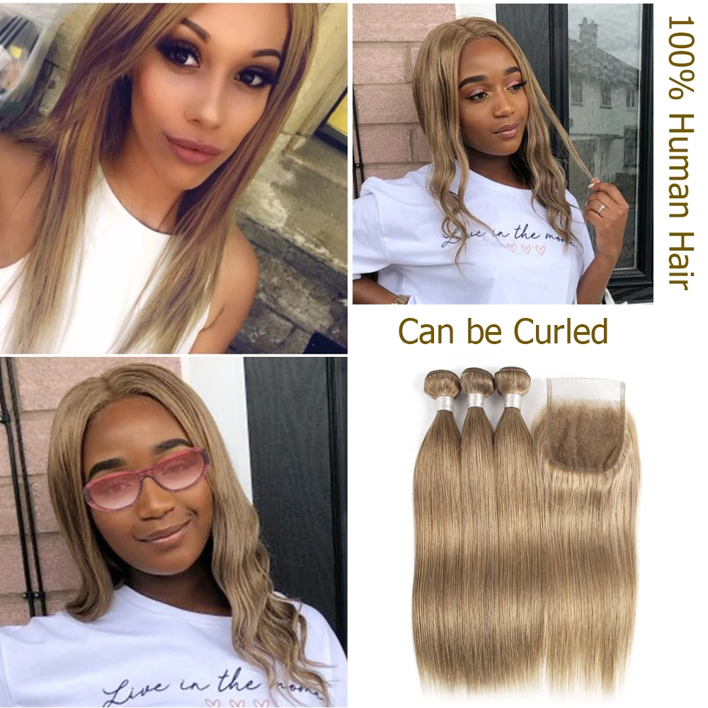 MOGUL PLAUKŲ Spalva 8 Pelenų Blond Tiesiai Ryšulius Su Uždarymo 16-24 colių Anksto Spalvos Brazilijos Ne Remy Human Hair Extension