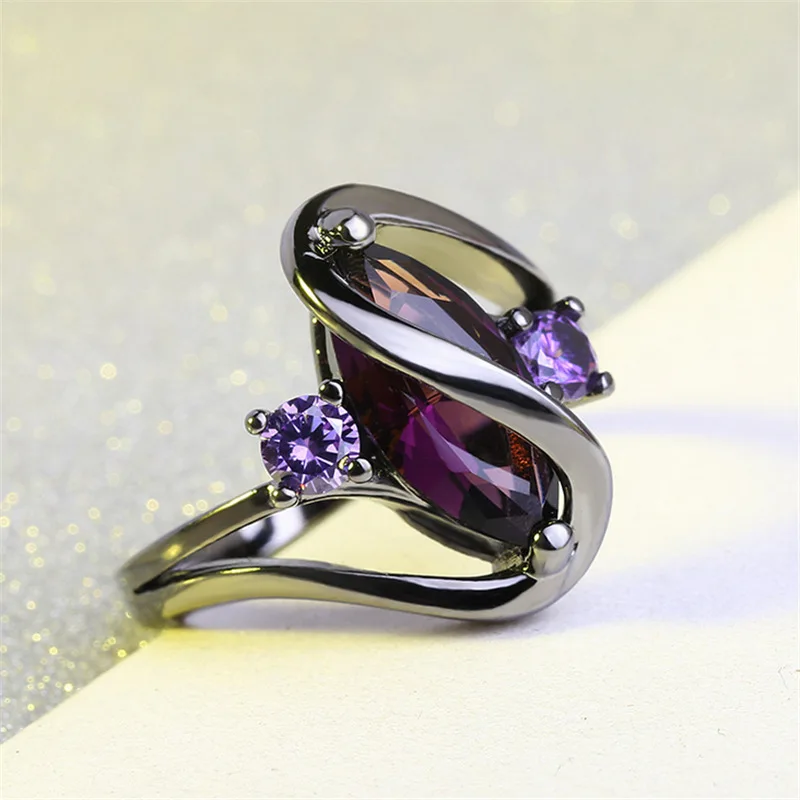 Mados Boho Prabangių Senovinių Kristalų Juoda ir Violetinė Žiedų Ovalo formos Cirkonis Moterų Žiedai, Vestuvių, Sužadėtuvių