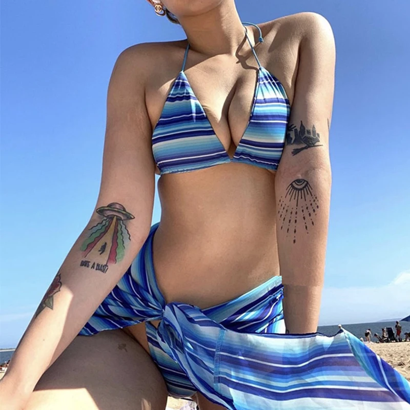 Melphieer Naujas Bikini 2021 maudymosi kostiumėlį, Trijų dalių Komplektas Mėlyna Juostele Spausdinti Seksualus Dizaineris Moterų maudymosi Kostiumėliai, Drabužiai, Paplūdimio Apranga