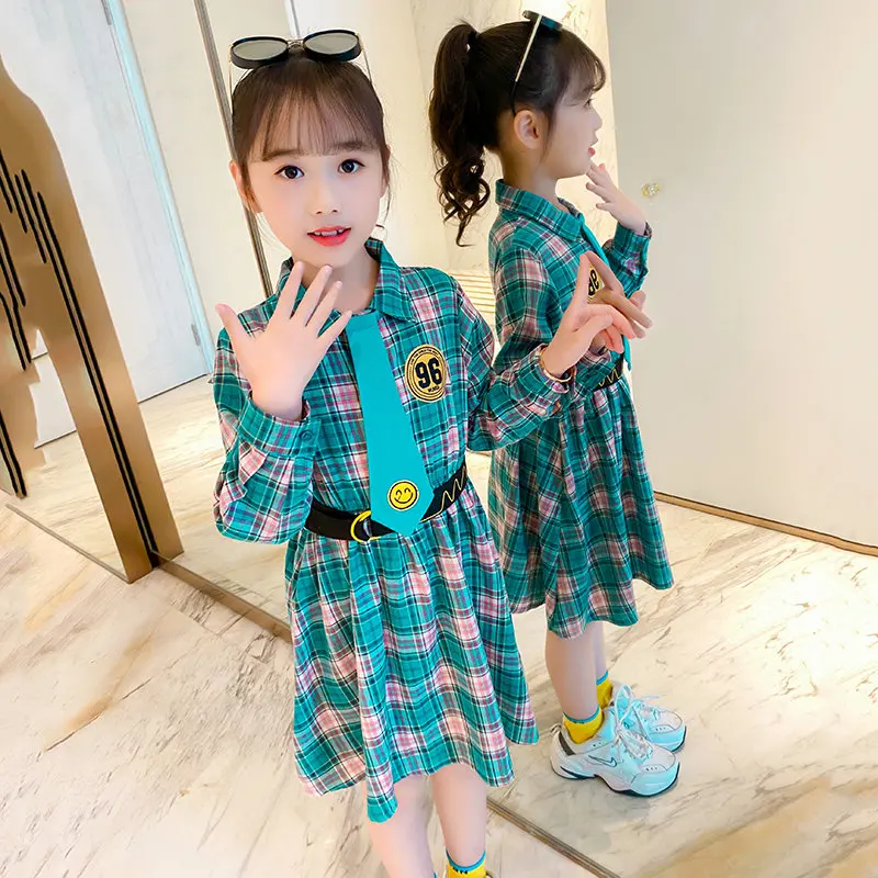 Mergina, Rudens Dress Ilgomis Rankovėmis Vaikų Drabužių Pledas Necktie Suknelės 4 8 10 12 Metų Mergaitė Kūdikių Mėlyna Mokyklos Stiliaus Korėjos Suknelė